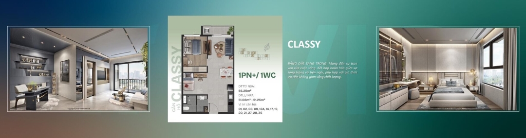 Bản vẽ mặt bằng kỹ thuật chi tiết của căn hộ 1 phòng ngủ TT Genesis Classy