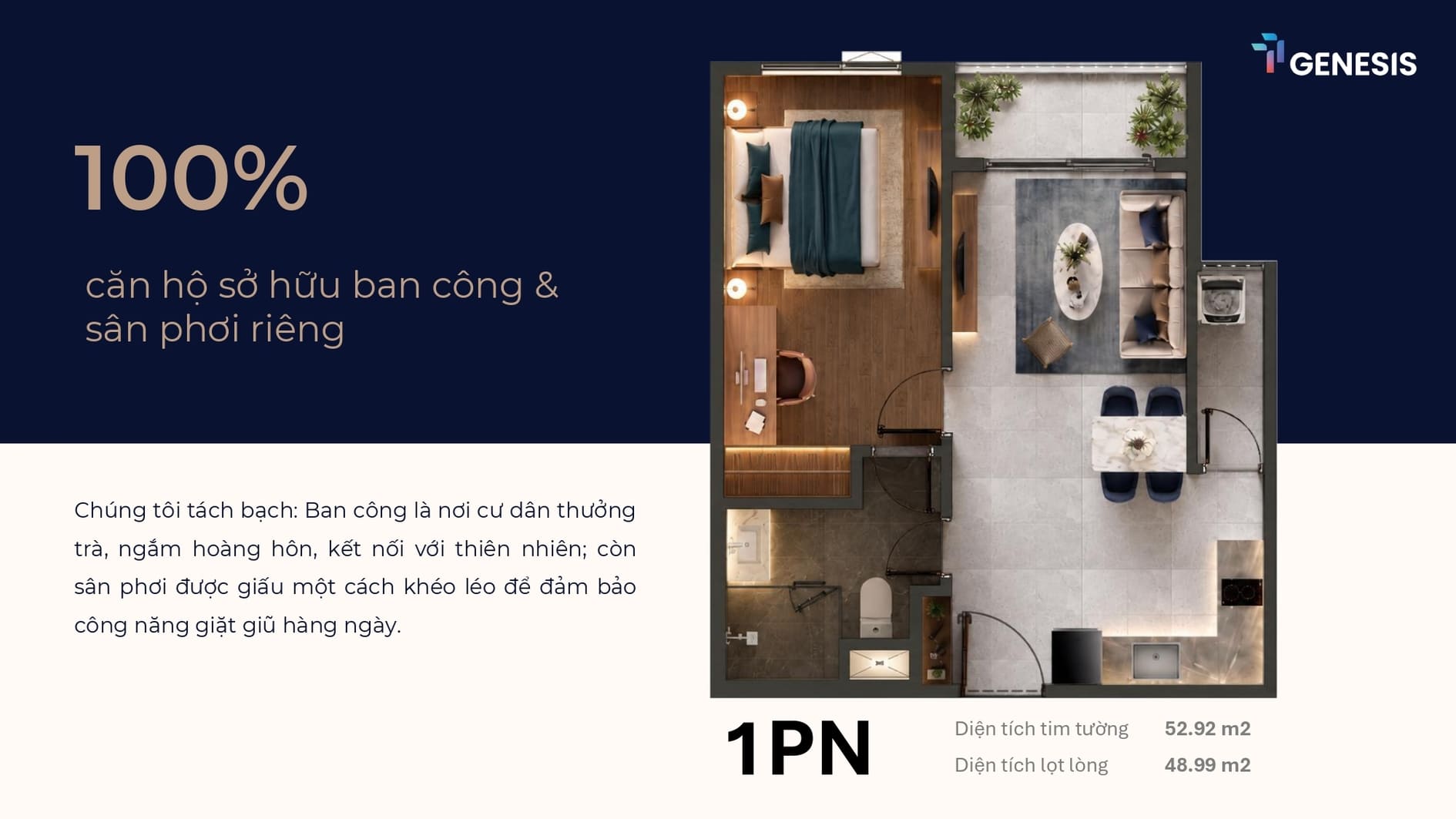 Sơ đồ bố trí mặt bằng căn hộ 1 phòng ngủ tách biệt ban công và sân phơi