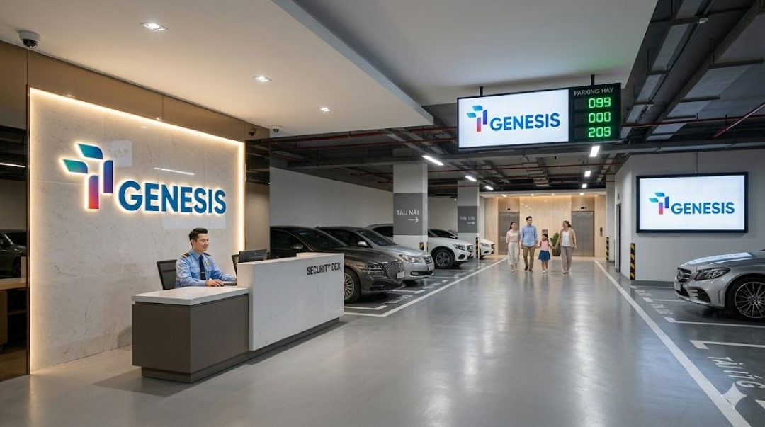Khu vực hầm giữ xe thông minh rộng rãi và quầy an ninh trực 24/7 bảo vệ nghiêm ngặt tại TT Genesis