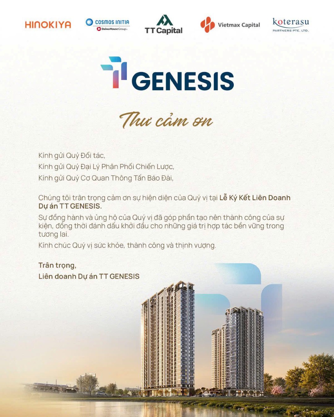 Thư cảm ơn tri ân đối tác sau lễ ký kết liên doanh dự án TT GENESIS