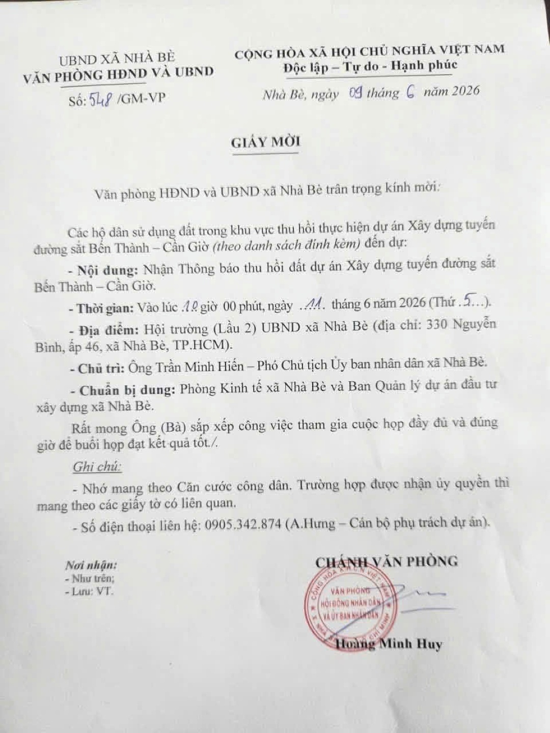 Thông báo thu hồi đất dự án Metro Bến Thành - Cần Giờ