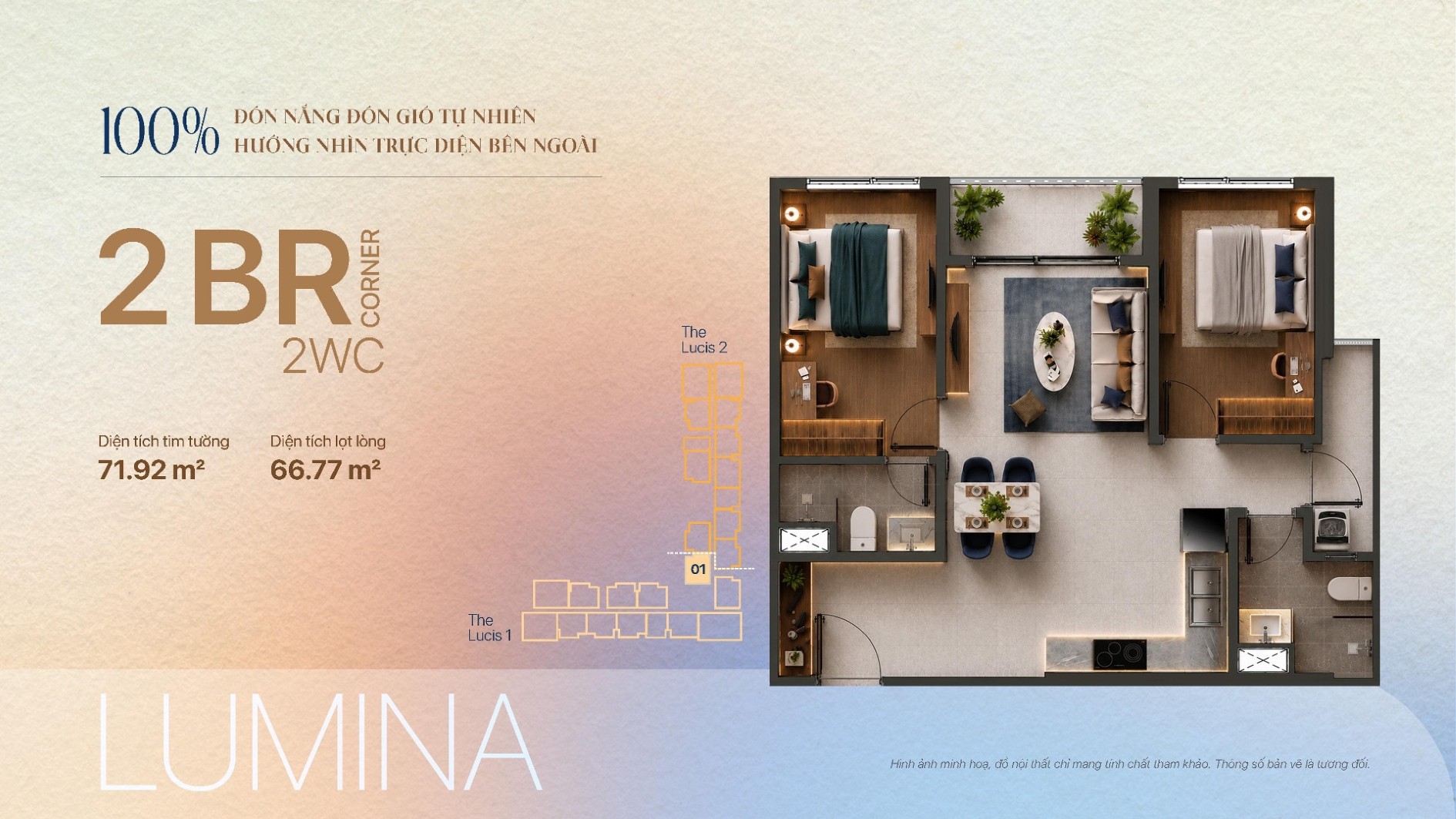 Mặt bằng căn hộ góc 2 phòng ngủ 2BR Corner tháp The Lucis TT Genesis