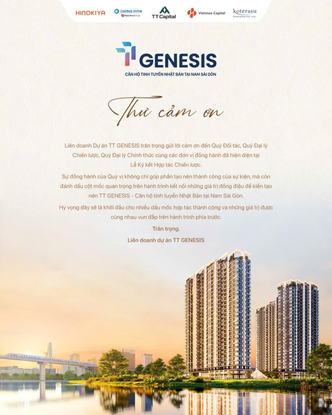 Thư cảm ơn từ liên doanh chủ đầu tư dự án TT Genesis