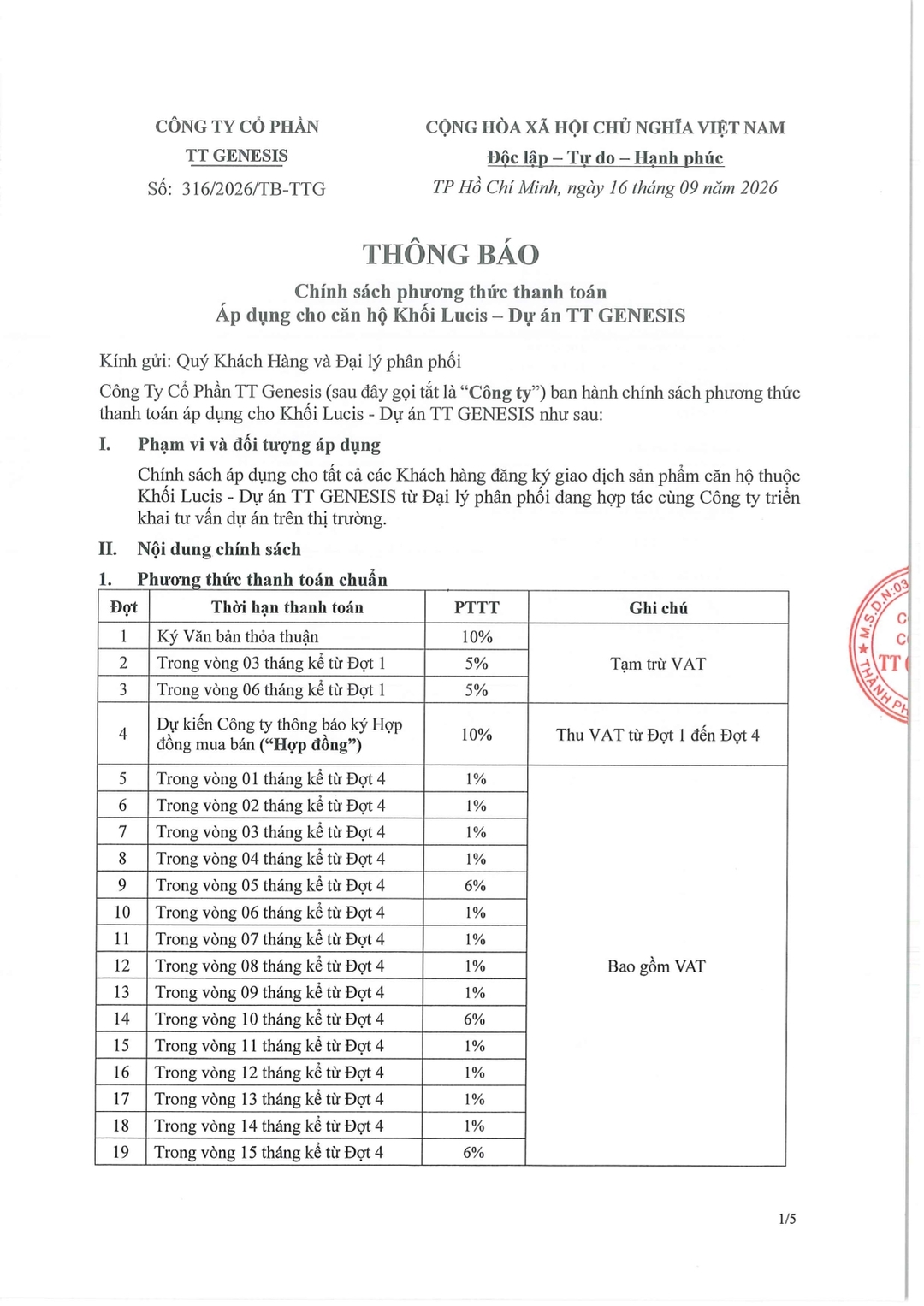 Văn bản chính sách phương thức thanh toán chuẩn căn hộ khối Lucis dự án TT Genesis trang 1