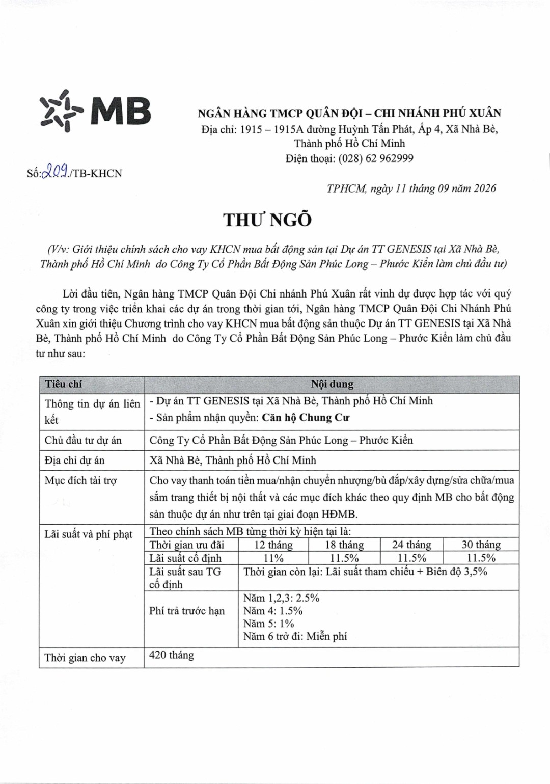 Thư ngỏ chương trình cho vay dự án TT Genesis từ ngân hàng MB Bank trang 1