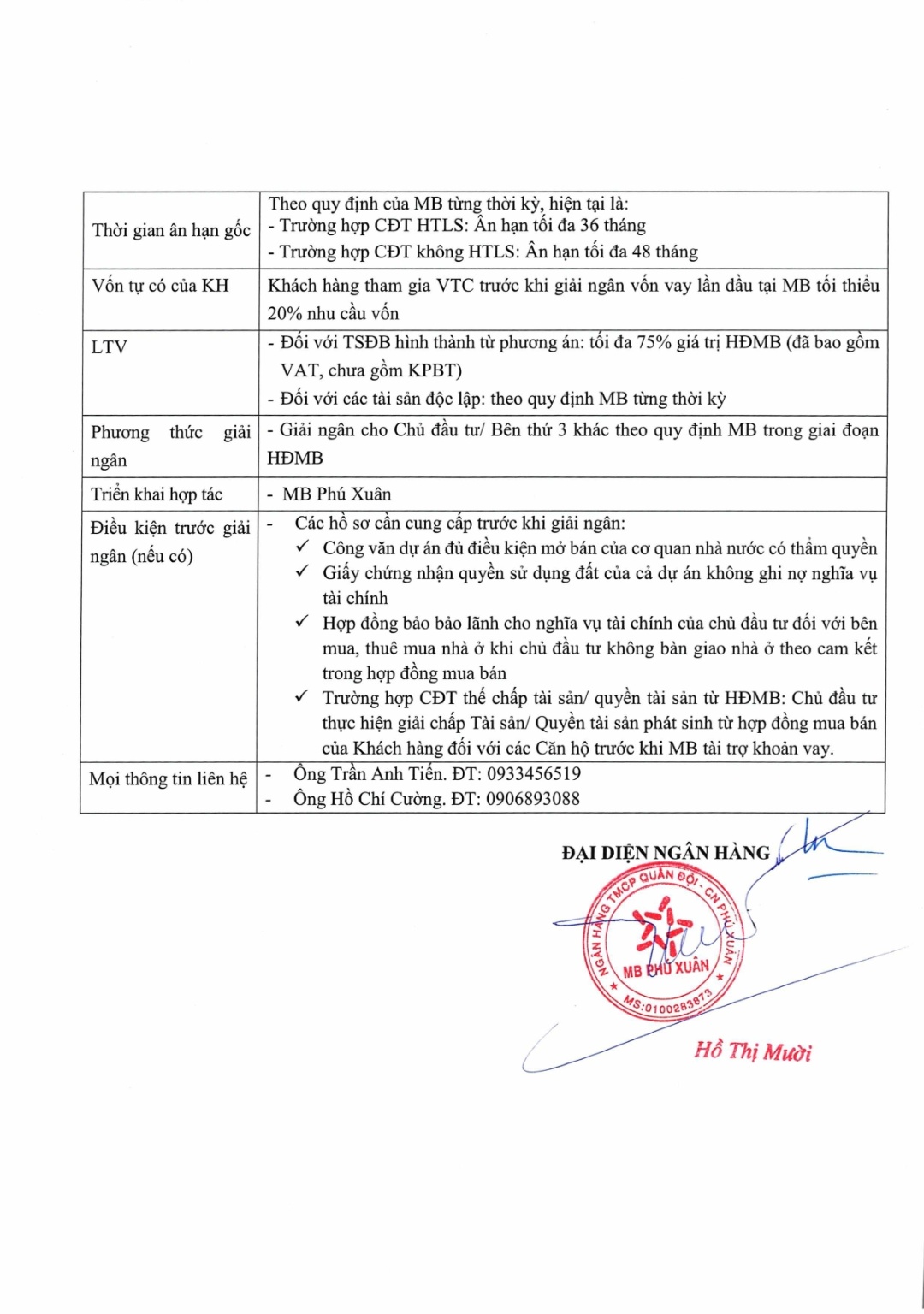 Quy định điều kiện giải ngân và ân hạn nợ gốc MB Bank cho dự án TT Genesis trang 2