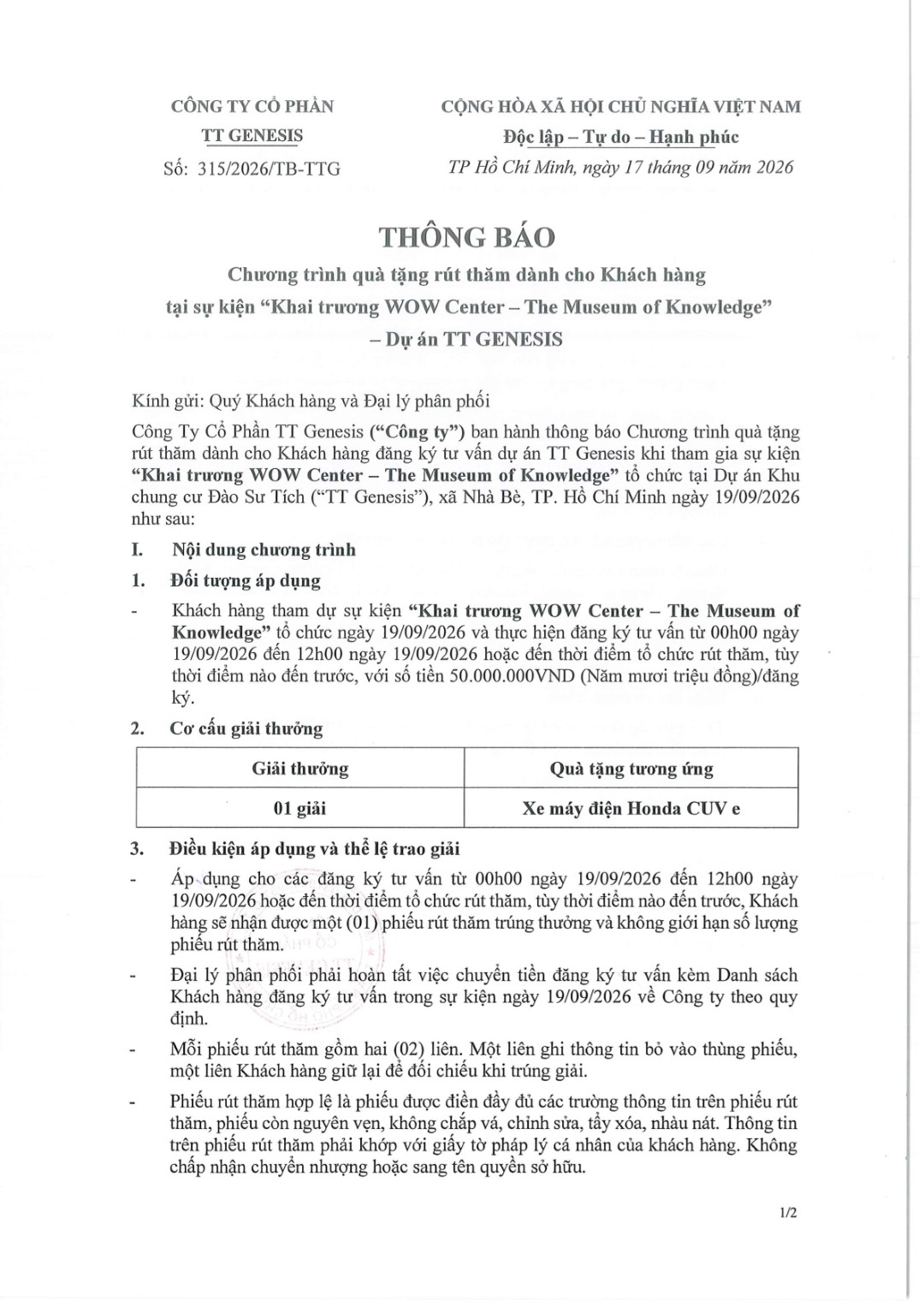 Chương trình quà tặng rút thăm khai trương WOW Center TT Genesis