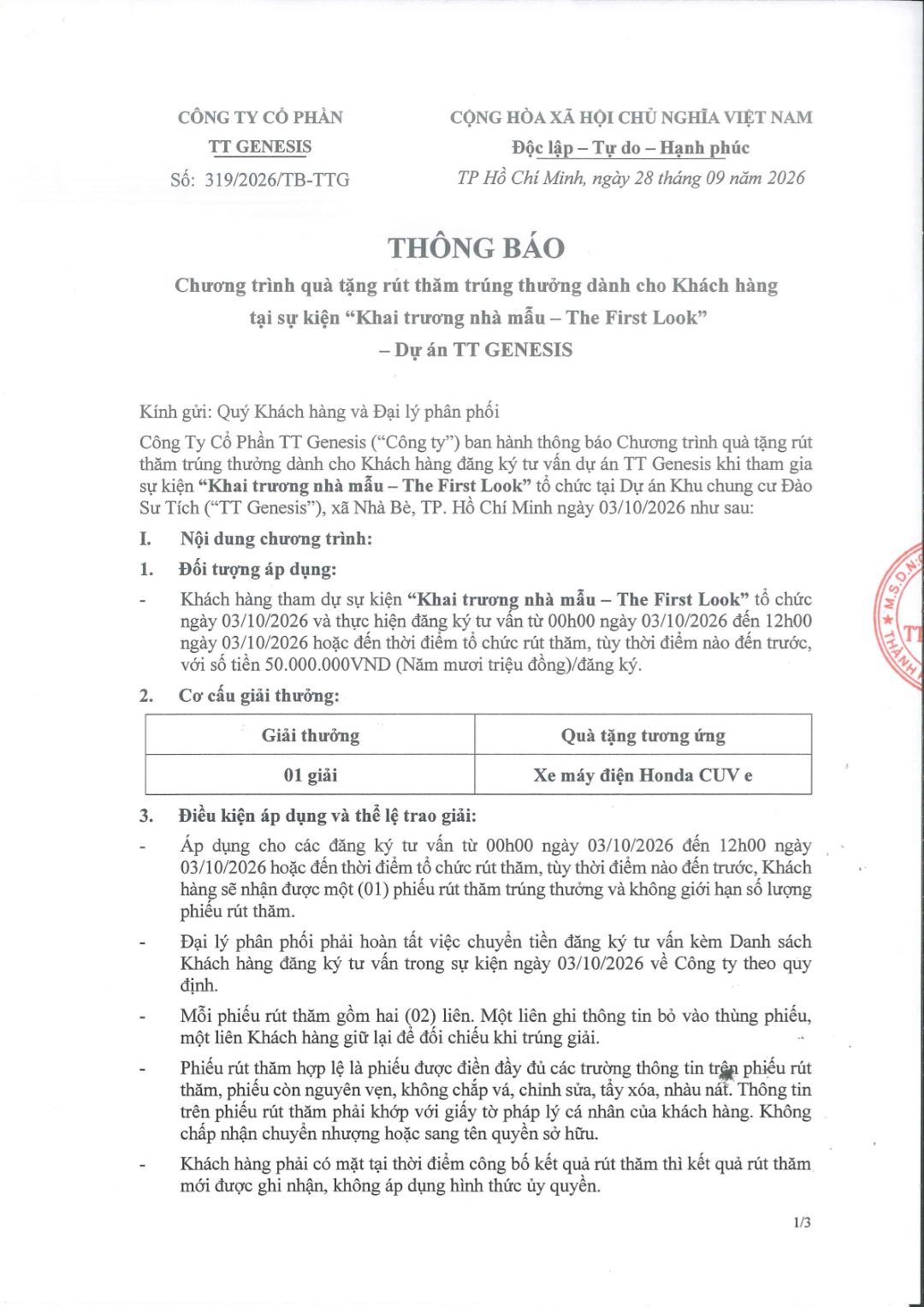 Thông báo chương trình rút thăm trúng thưởng tại sự kiện khai trương nhà mẫu TT Genesis trang 1