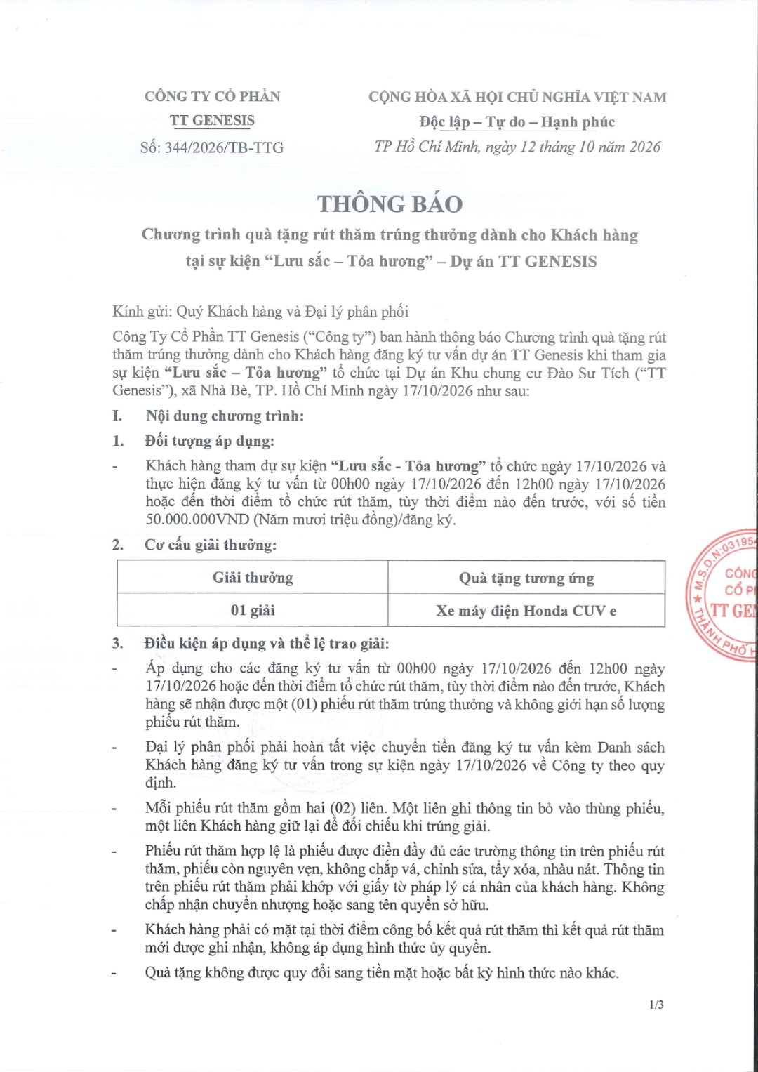 Thông báo rút thăm trúng thưởng tại sự kiện Lưu Sắc - Tỏa Hương TT Genesis