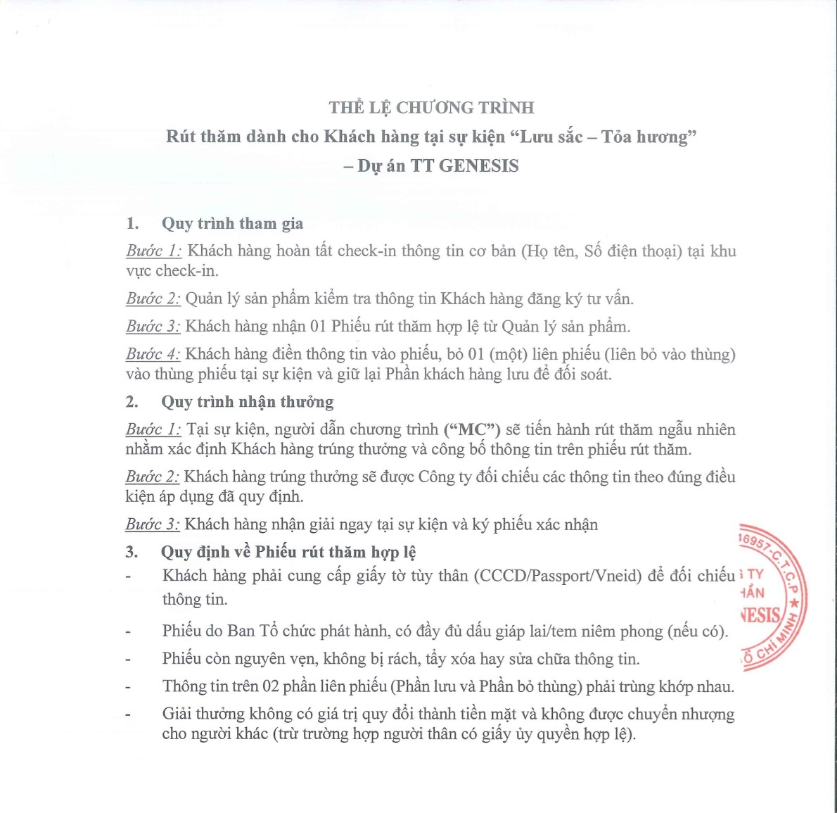 Thể lệ chương trình rút thăm dự án TT Genesis