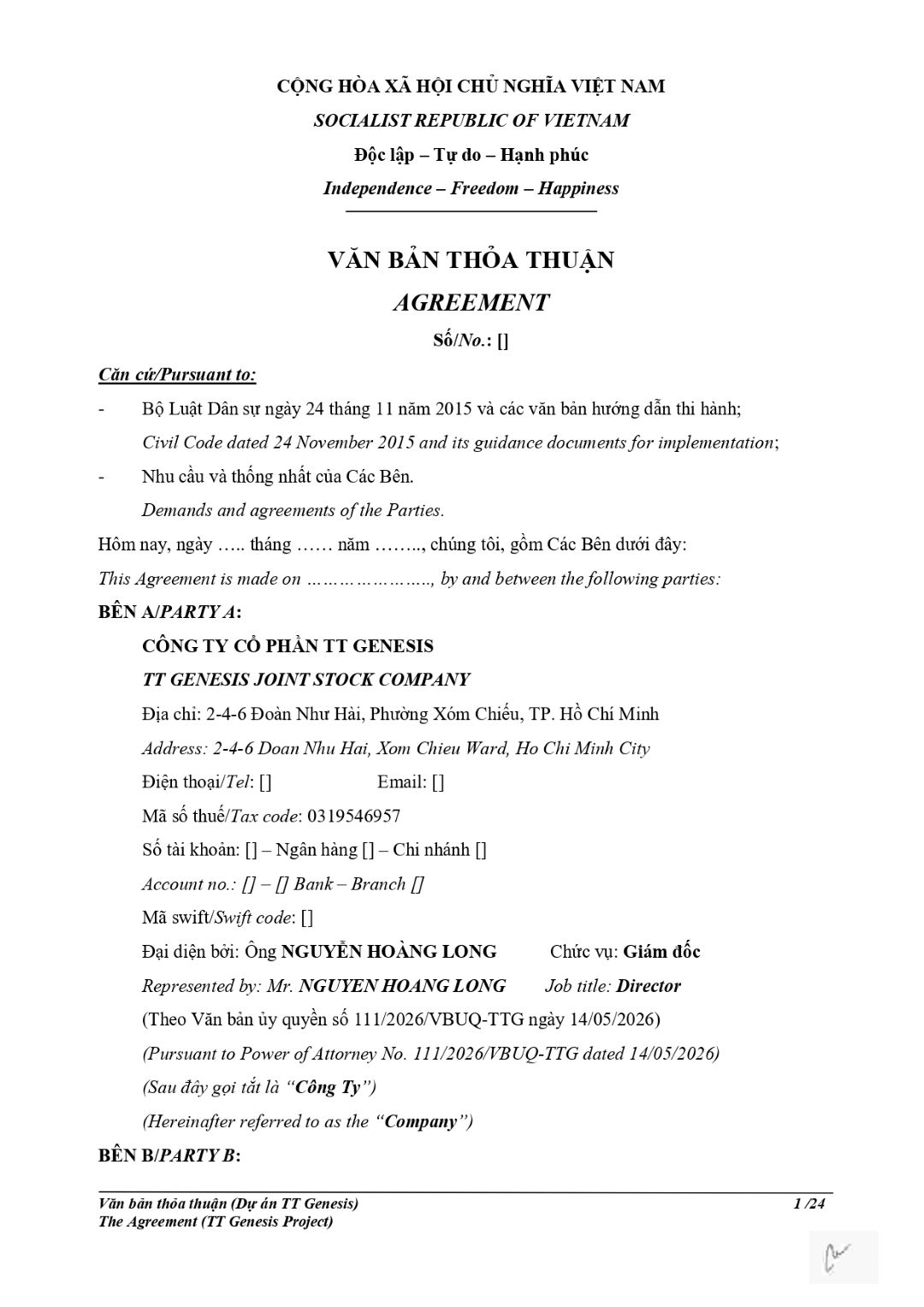 Văn bản thỏa thuận TT Genesis những điều khoản cần biết trước khi đăng ký mua căn hộ